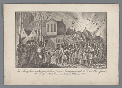 Brysselin kapinalliset saapuvat Antwerpeniin, kun taas Z.E. kenraaliluutnantti. Bn. Chassé pommitti kaupunkia 28. lokakuuta 1830 (otsikko esineessä) tekijältä Anonymous