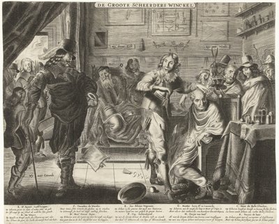 Talonpoika suuressa parturissa, noin 1650 De Groote Scheerders Winckel (otsikko esineessä) tekijältä Anonymous