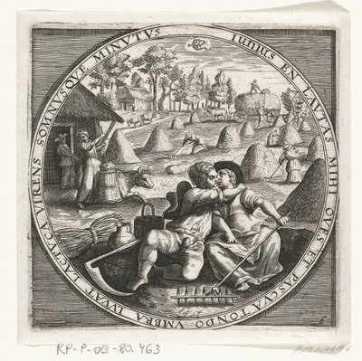 De maand juni, hooimaken, ca. 1600 De twaalf maanden van het jaar verbeeld in scènes uit het volksleven (sarjan nimi) 12 kuukauden suunnitelmat toiminnoineen ja niiden soveltaminen horoskooppimerkkeihin, jaettuna neljään vuoden osaan (sarjan nimi esineellä tekijältä Anonymous