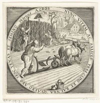 De maand maart, ploegen, ca. 1600 De twaalf maanden van het jaar verbeeld in scènes uit het volksleven (sarjan nimi) 12 kuukauden suunnitelmat toiminnoineen ja niiden soveltaminen horoskooppimerkkeihin, jaettuna neljään vuoden osaan (sarjan nimi esineellä) tekijältä Anonymous