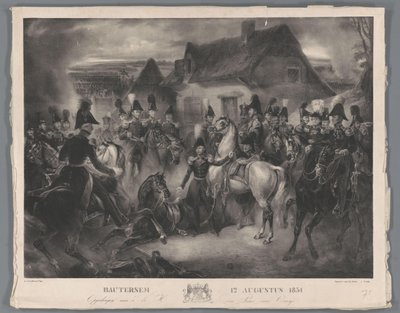 Orangen prinssin (myöhemmin kuningas Vilhelm II) loukkaantuneen hevosen korvaaminen Boutersemin taistelussa 12. elokuuta 1831 Bautersem 12. elokuuta 1831 (otsikko esineessä) tekijältä Anonymous