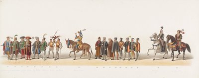 Delftin paraati 1873 (kuudes levy) Delftsche Studentencorpsin jäsenten pukukulkue 8. heinäkuuta 1873, jossa kuvataan: Gueldersin herttua, Zutphenin kreivi Karel van Egmondin tulo Arnhemiin vuonna 1492 (sarja ti tekijältä Anonymous