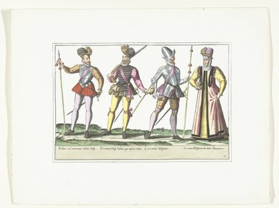 Kolme espanjalaista sotilasta univormussa ja markkinatähti, n. 1580 Puvut Militaires Espagnols (nimi esineessä) tekijältä Anonymous