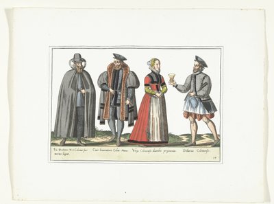 Kolme saksalaiseen muotiin pukeutunutta miestä ja nainen, n. 1580 Pukuvaatimukset (nimi esineessä) tekijältä Anonymous