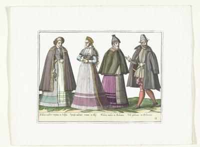 Kolme naista ja mies saksalaiseen muotiin pukeutuneena, n. 1580 Pukuvaatimukset (nimi esineessä) tekijältä Anonymous