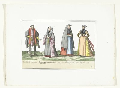 Kolme naista ja mies saksalaiseen muotiin pukeutuneena, n. 1580 Pukuvaatimukset (nimi esineessä) tekijältä Anonymous