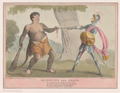 Englantilainen poliittinen sarjakuva, 1835 Valentine ja Orson (otsikko esineessä) tekijältä Anonymous