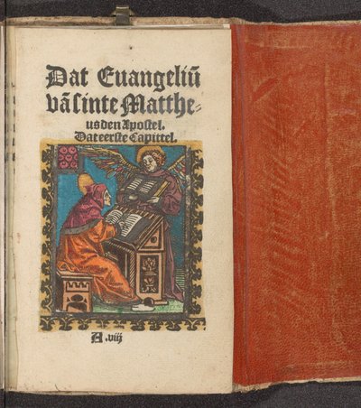 Evankelista Matteus kirjoittaa evankeliuminsa Tuo apostoli Matteuksen evankeliumi. Tuo ensimmäinen luku (otsikko objektissa) Stupid Passion (sarjan nimi) tekijältä Anonymous