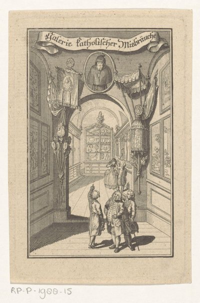 Gallerian hahmot kohtasivat muotokuvan liturgisissa esineissä Katolisten väärinkäytösten galleria (otsikko esineessä) Kansisivu: Joseph Richter, Katolisten pahoinpitelyjen kuvagalleria, 1784 tekijältä Anonymous