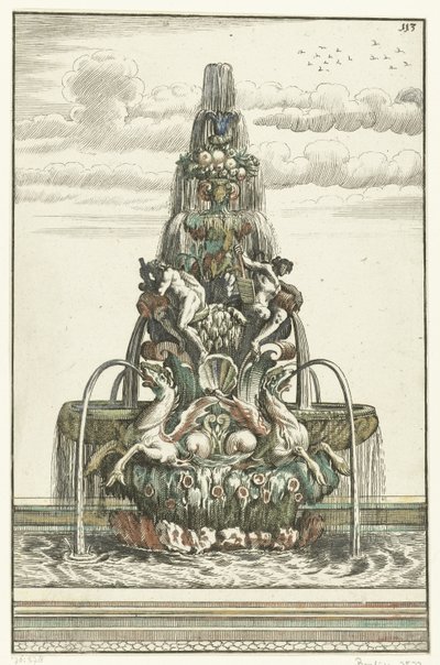 Pyramidin muotoinen suihkulähde Architectura Curiosa Nova (sarjan nimi) tekijältä Anonymous