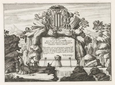Suihkulähde, jossa Giovanni Francesco Negronin omistus ja vaakuna Fontane delle ville di Frascati (sarjan nimi) Frascatin suihkulähteet (sarjan nimi) tekijältä Anonymous