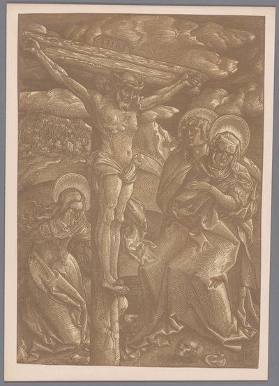 Kuvajäljennös Hans Baldung Grienin puupiirroksesta Kristus ristillä chiaroscuro tekijältä Anonymous