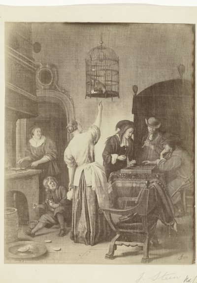 Valokuvakopio Jan Steenin maalauksesta Papukaijahäkki Musee d