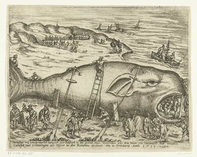 Pulaan jäänyt Walvis lähellä Berckheyä, 1598 Warhafttigh And Wonderful Monster tai Pottfisch valaan muodossa, josta Möer oli liettynyt Catwyckin ja Schevelingenin väliin Wyterina relaatiossa ercleret 4. helmikuuta, Anno 1598 (tissi tekijältä Anonymous