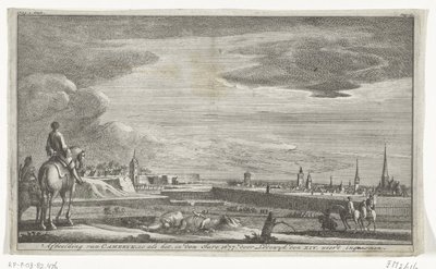 Näkymä Cambraista, 1677 Kuvaus Camerykista sellaisenaan vuonna 1677. Lodewyk XIV. otettiin (otsikko esineessä) tekijältä Anonymous