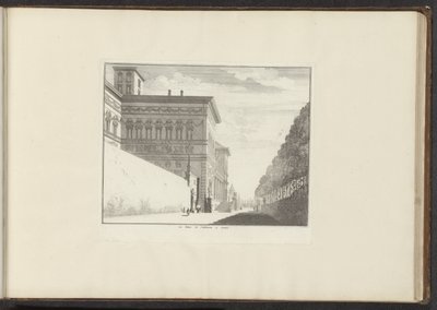 Näkymä Villa Borgheselle Roomassa Le Palais de Vallamena a Gennes (otsikko esineessä) Palatsit ja muistomerkit Venetsiassa, Livornossa, Napolissa ja Roomassa (sarjan nimi) tekijältä Anonymous