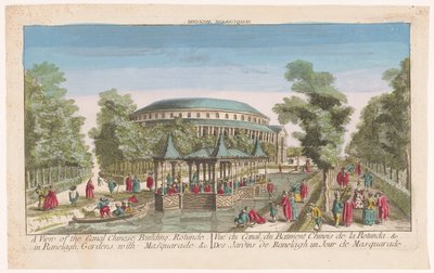 Näkymä Rotundalle ja Kiinan paviljonkiin kanavan varrella Lontoon Ranelagh Gardensissa naamiopallon kanssa Näkymä kiinalaisen kanavan rakennukselle, Rotundelle Ranelaghissa, Gardensissa, naamiaisasuilla. &c (otsikko objektissa) tekijältä Anonymous
