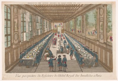 Näkymä Hôtel des Invalidesin ruokasalista Pariisissa aterian kanssa Vue perspektiivi du refectoire de l
