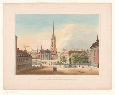Näkymä Riddarholmenin kirkolle Tukholmassa Tukholma. Utsigt af Riddakholmen fran Riddarhustorget (otsikko esineessä) tekijältä Anonymous