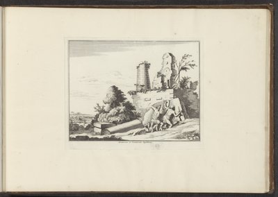 Näkymä Horatii- ja Curatii-haudan raunioista Roomassa Horatiorum et Curatiorum Sepulchrum (otsikko esineessä) Palatsit ja monumentit Venetsiassa, Livornossa, Napolissa ja Roomassa (sarjan nimi) tekijältä Anonymous