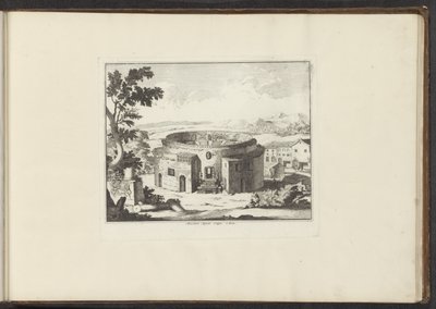 Näkymä Augustuksen mausoleumin raunioista Roomassa Mausoleumi Augusti Vestigia Roomassa (otsikko esineessä) Palatsit ja monumentit Venetsiassa, Livornossa, Napolissa ja Roomassa (sarjan nimi) tekijältä Anonymous