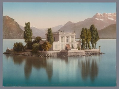 Näkymä Île de Salagnonille Genevejärvellä, taustalla Dents du Midi lac Léman, Ile de Salagnon ja la Dent du Midi (otsikko esineessä) tekijältä Anonymous