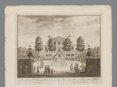 Näkymät Esaie Gillotin kartanolle House of Mr. Esaie Gillot edestä nähtynä / Vüe de la Maison Monsr. Esaie Gillot du Coté de la facade (otsikko esineessä) Sisältä näkymä Hr:n kabinettiin. Esaie Gillot / Vüe de la Maison de M tekijältä Anonymous