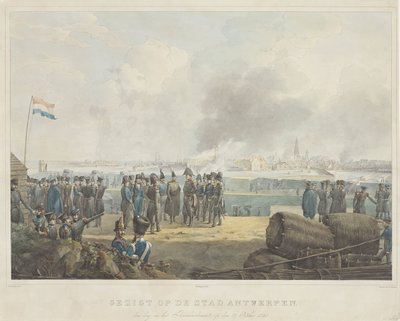 Näkymä Antwerpenin kaupunkiin pommituksen jälkeisenä päivänä, 28. lokakuuta 1830 (otsikko esineessä) tekijältä Anonymous
