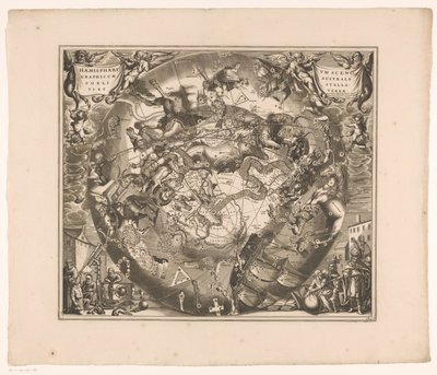 Taivaskartta eteläisten tähtikuvioiden kanssa Haemisphaerium scenographicum australe coeli stellati et terrae (otsikko esineessä) tekijältä Anonymous