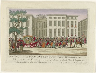 Orangen prinssin ohittaminen, 1787 Burgersin ja Burgeressenin piirtämän Zyne Serene Highness Willem den V.:n ohittaminen Haagissa 20. syyskuuta 1787 (otsikko esineessä) Värilliset saksalaiset printit tapahtumista tekijältä Anonymous