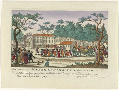 Oranssin prinsessan ja lasten ohittaminen, 1787 Haare Koninglyk Hooghiedin ja Royal Scionsin ohittaminen, Burgersin ja Burgeressenin piirtämä 24. syyskuuta 1787 (otsikko esineessä) Värilliset saksalaiset printit tapahtumasta tekijältä Anonymous