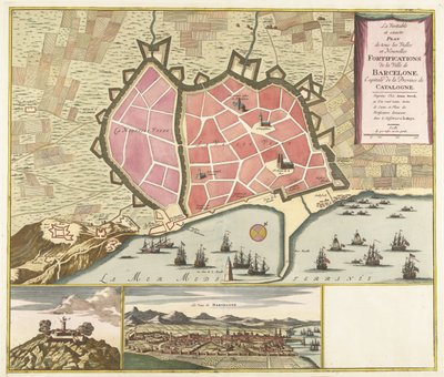 Kaart van Barcelona, ​​n. 1706 Katalonian provinssin pääkaupungin Barcelonan kaupungin kaikkien vanhojen ja uusien linnoitusten todellinen ja tarkka suunnitelma (otsikko esineessä) tekijältä Anonymous