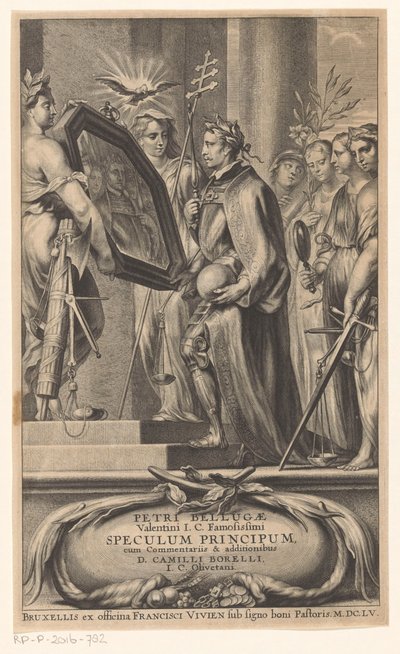 Kuningas on oikeudenmukaisuuden ja uskon peilikuva Nimisivu: Petrus Belluga ja Camillo Borello, Speculum principum, 1655 tekijältä Anonymous