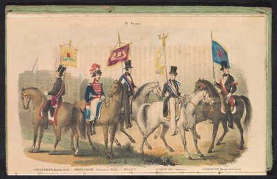 Amsterdamin, Delftin ja Leidenin kunniavartijoiden puvut ja liput, 1840-1842 IV. Ryhmä (otsikko objektissa) tekijältä Anonymous