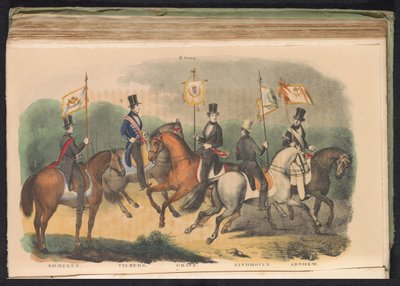 Nijmegenin, Tilburgin, Graven, Eindhovenin ja Arnhemin kunniavartijoiden puvut ja liput, 1840-1842 II. Ryhmä (otsikko objektissa) tekijältä Anonymous