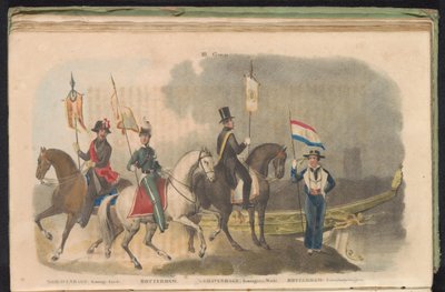 Haagin ja Rotterdamin kunniavartijoiden puvut ja liput, 1840-1842 III. Ryhmä (otsikko objektissa) tekijältä Anonymous