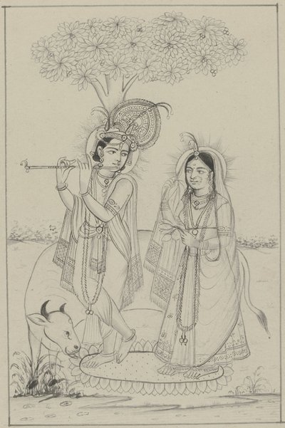 Krishna soittaa huilua ja Radha tekijältä Anonymous