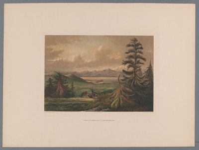 Maisema Shimabara Bayn ja Unzenin taustalla. Tulivuori taustalla Le golfe de Simabara et le volcan Undjing (otsikko esineessä) Souvenir du Japon vues d