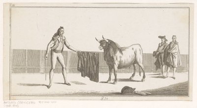 Matador haastaa härän Coleccion de las Principles suertes de una corrida de toros (sarjan nimi esineellä) Kokoelma tärkeimmistä härkätaisteluharjoituksista (sarjan nimi) tekijältä Anonymous