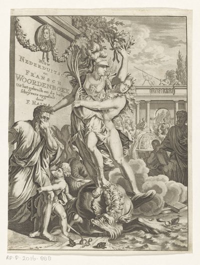 Minerva tallaa tulta hengittävän merihirviön Uusi alasaksan ja ranskan sanakirja (otsikko esineessä) Nimisivu: François Halma, Hollannin ja ranskan kielten sanakirja, 1710 tekijältä Anonymous