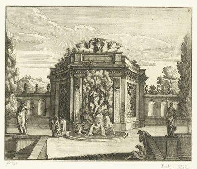 Seinäsuihkulähde puutarhapaviljongissa Architectura Curiosa Nova (sarjan nimi) tekijältä Anonymous