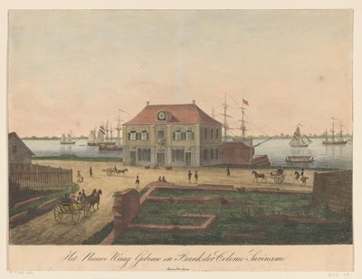 Nieuwe Waag Paramaribon rannalla Nieuwe Waag -rakennus ja Bank der Colonie Suriname (otsikko esineessä) tekijältä Anonymous