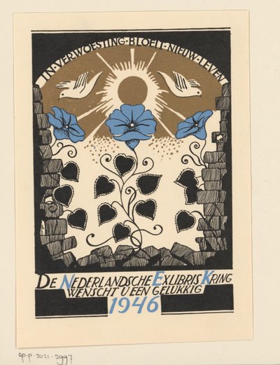 Hollannin Exlibris Circlen uudenvuodentoivotus vuodelle 1946 tekijältä Anonymous