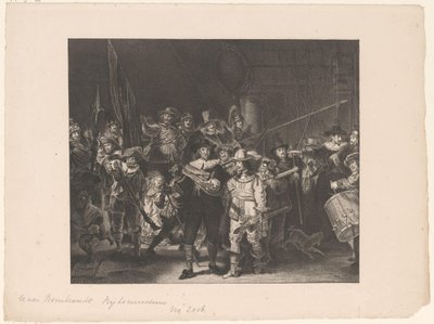 Amsterdamin piirin II upseerit ja muut asemiehet, joita johtivat kapteeni Frans Banninck Cocq ja luutnantti Willem van Ruytenburch, joka tunnetaan nimellä "yövartio". tekijältä Anonymous