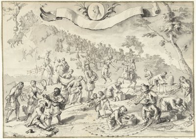 Suunnittelupiirros printtiin Ahneus yrittää ohittaa Fortunan, 1720 The Great Scene of Folly (sarjan nimi) tekijältä Anonymous