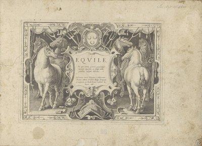 Ornamenteel cartouche met titel geflankeerd door paarden Hevonen, jossa kaikenlaisia ​​aatelisia: eri puolilta maailmaa erottuneiden hevosten käyttäytyminen valittu (...) (sarjan nimi esineellä) tekijältä Anonymous