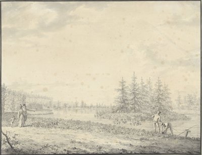 Puistomaisema kävelijöiden ja kalastajien kanssa tekijältä Anonymous