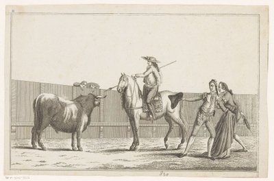 Picador tähtää keihällä härkää Coleccion de las Principles suertes de una corrida de toros (sarjan nimi esineellä) Kokoelma tärkeimmistä härkätaisteluharjoituksista (sarjan nimi) tekijältä Anonymous