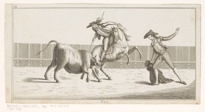 Picador upottaa keihänsä härkään Coleccion de las Principles suertes de una corrida de toros (sarjan nimi esineellä) Kokoelma tärkeimmistä härkätaistelutehtävistä (sarjan nimi) tekijältä Anonymous