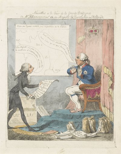 Pitt toi George III:n uuteen vallankumoukseen Alankomaissa, 1795 Uutisia Ison-Britannian tuomioistuimessa tai herra Pitt ilmoittamassa hänen Majesteettilleen vallankumouksesta Hollannissa (otsikko esineessä) tekijältä Anonymous